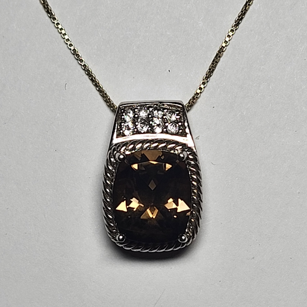 Smoky Quartz Pendant With White Zircon Accents Set In .925 Silver With 18" Chain